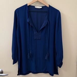 Johnny Was Calme navy Blue Peasant top Tasseled Long Sleeve Blouse size XS